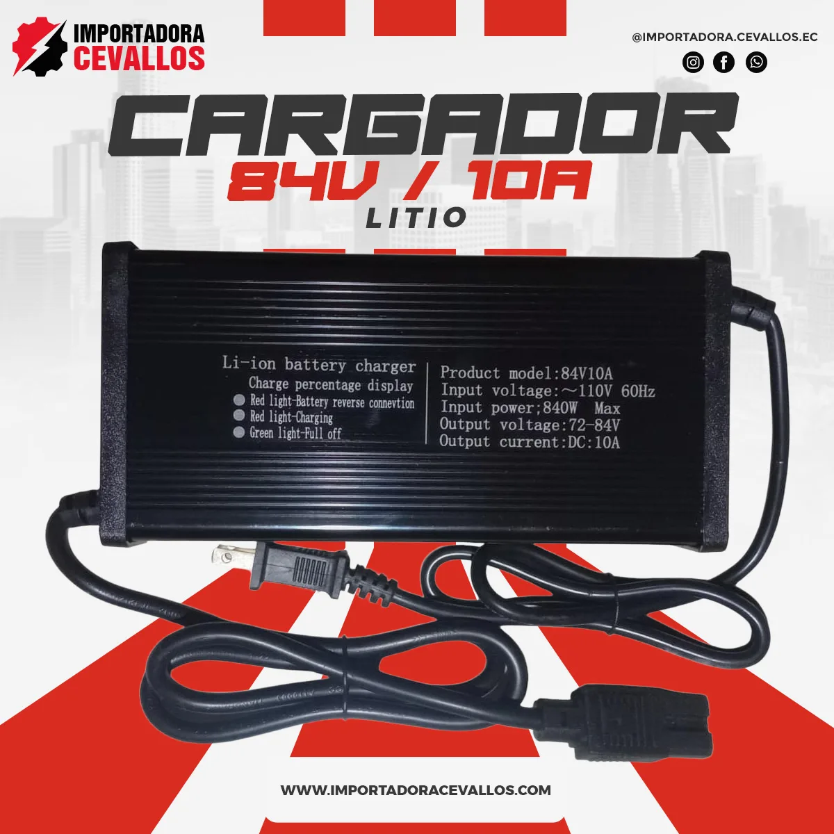 Cargador para moto eléctrica de batería de litio 84V 10A